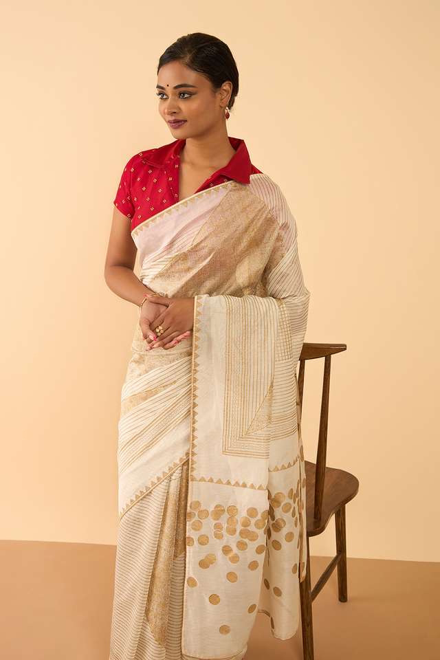 Off White Pure Silk Cotton Block Printed Embroidered Saree thumbnail image number null