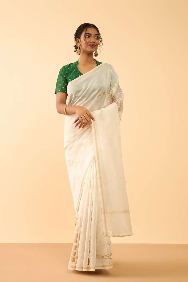 Off White Pure Silk Cotton Block Printed Embroidered Saree thumbnail image number null