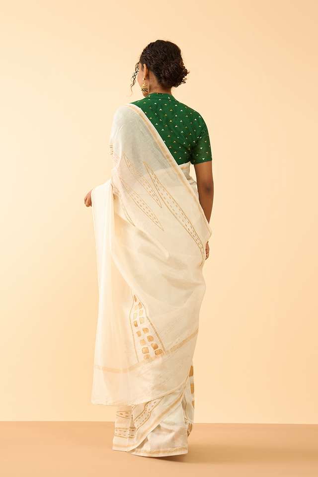 Off White Pure Silk Cotton Block Printed Embroidered Saree thumbnail image number null