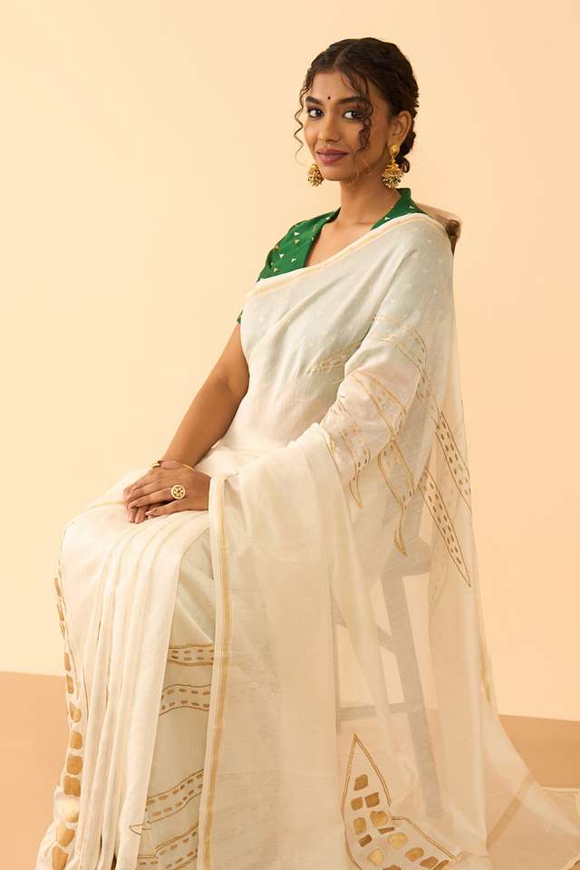 Off White Pure Silk Cotton Block Printed Embroidered Saree thumbnail image number null