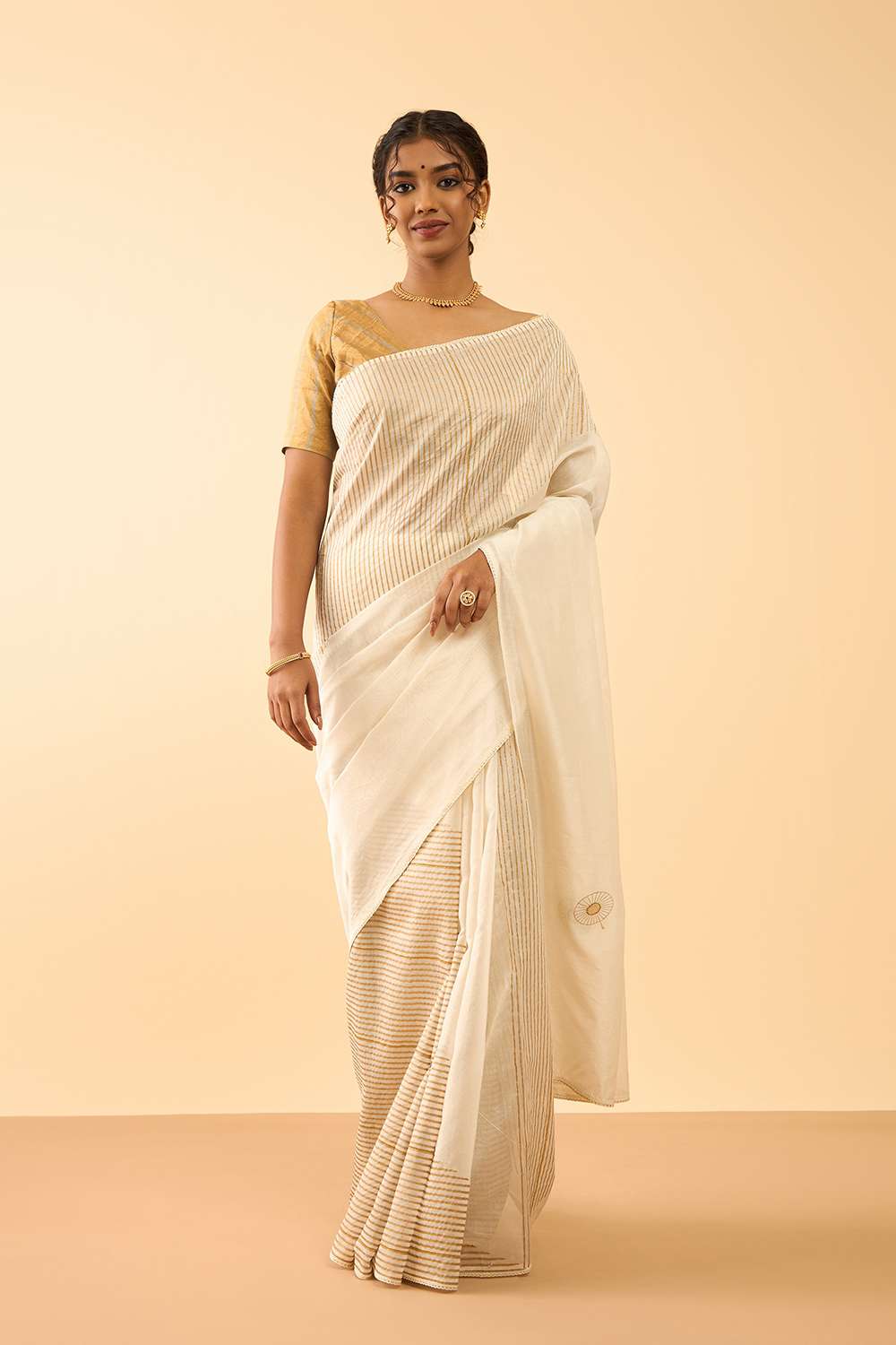 Off White Pure Silk Cotton Block Printed Embroidered Saree image number null