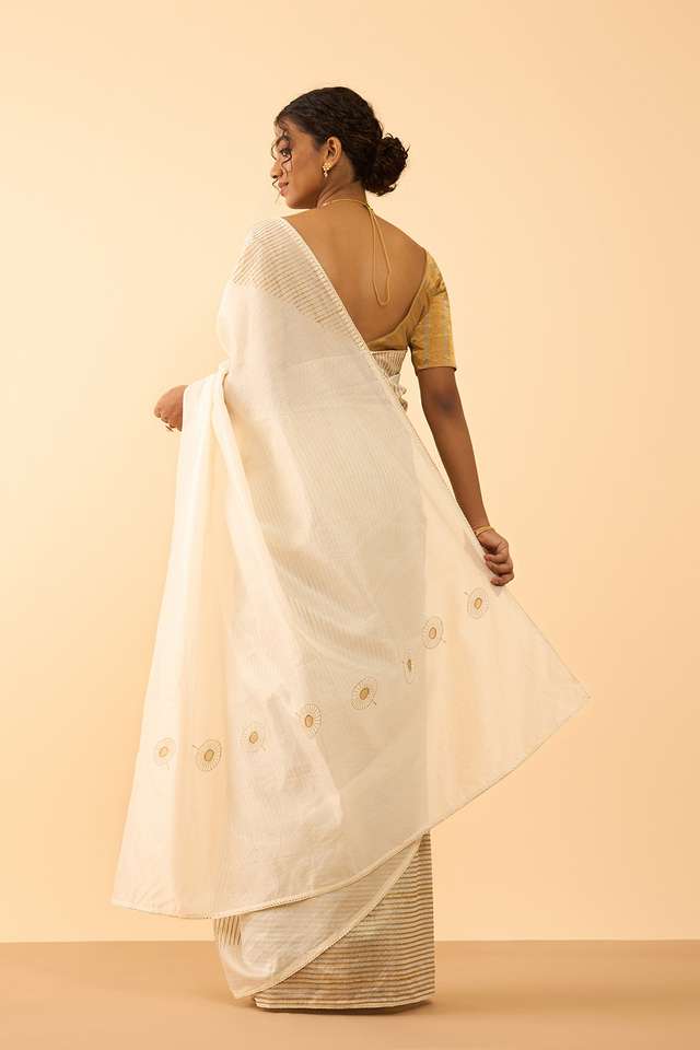 Off White Pure Silk Cotton Block Printed Embroidered Saree thumbnail image number null