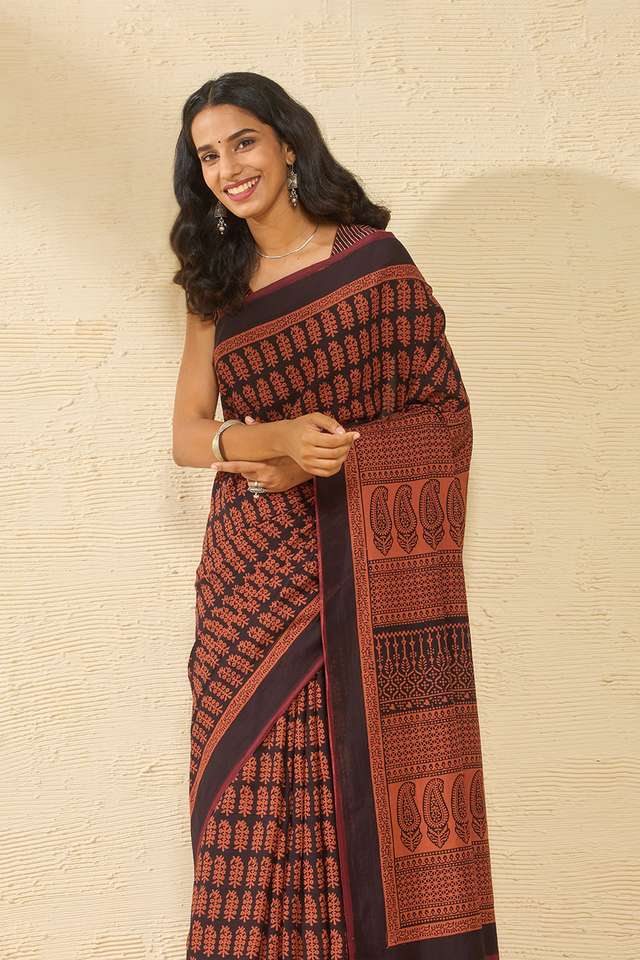 Dark Orange Bagh Block Printed Pure Cotton Saree image number