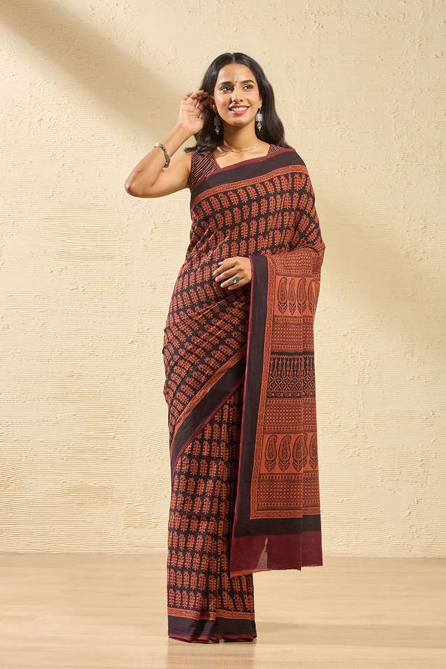 Dark Orange Bagh Block Printed Pure Cotton Saree thumbnail image number null