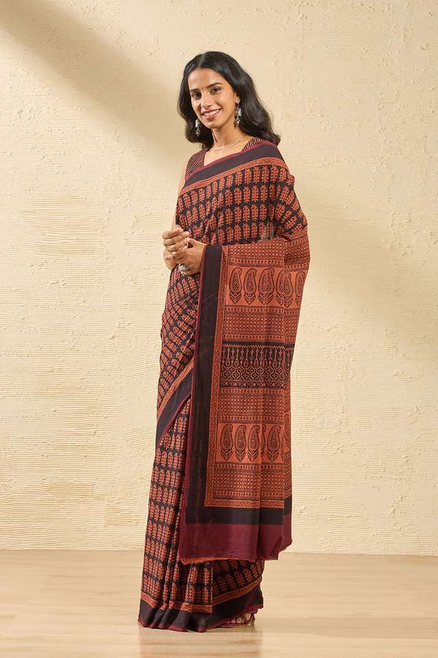 Dark Orange Bagh Block Printed Pure Cotton Saree thumbnail image number null