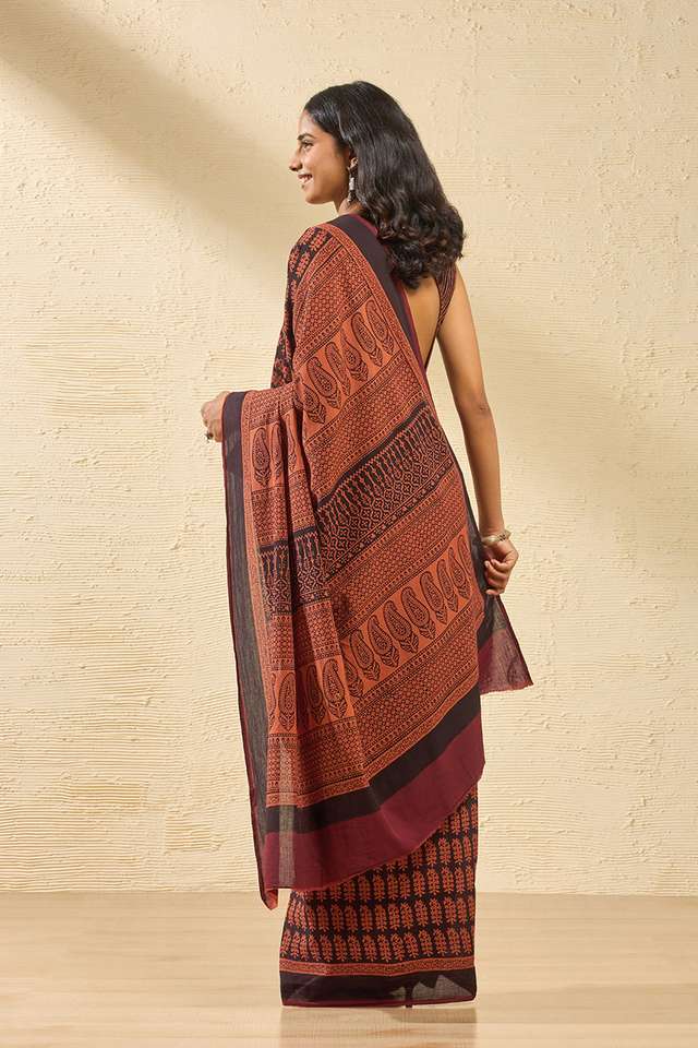 Dark Orange Bagh Block Printed Pure Cotton Saree thumbnail image number null