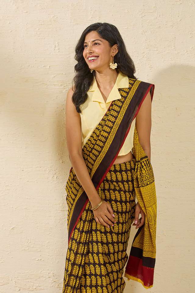 Yellow Bagh Block Printed Pure Cotton Saree image number