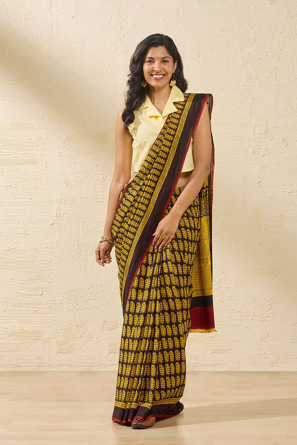 Yellow Bagh Block Printed Pure Cotton Saree image number null