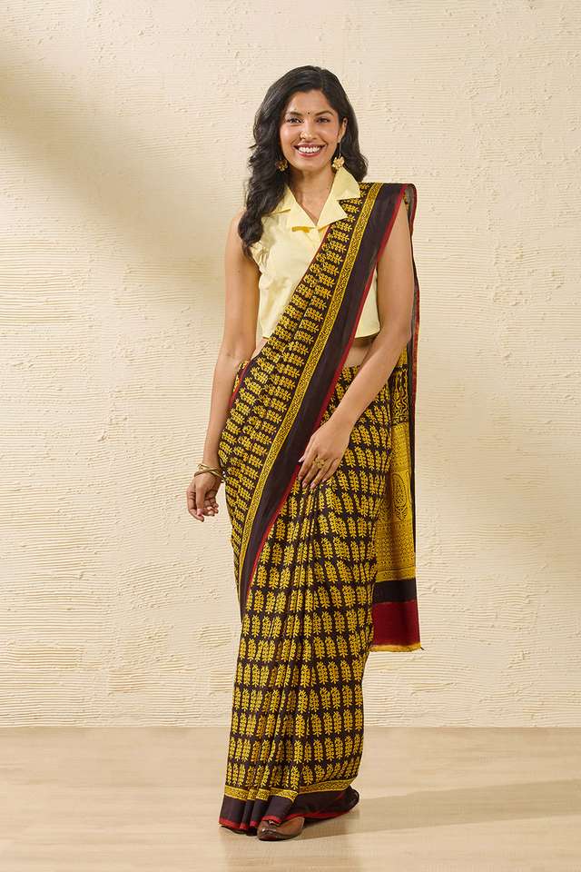 Yellow Bagh Block Printed Pure Cotton Saree thumbnail image number null