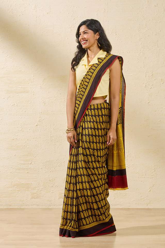 Yellow Bagh Block Printed Pure Cotton Saree thumbnail image number null