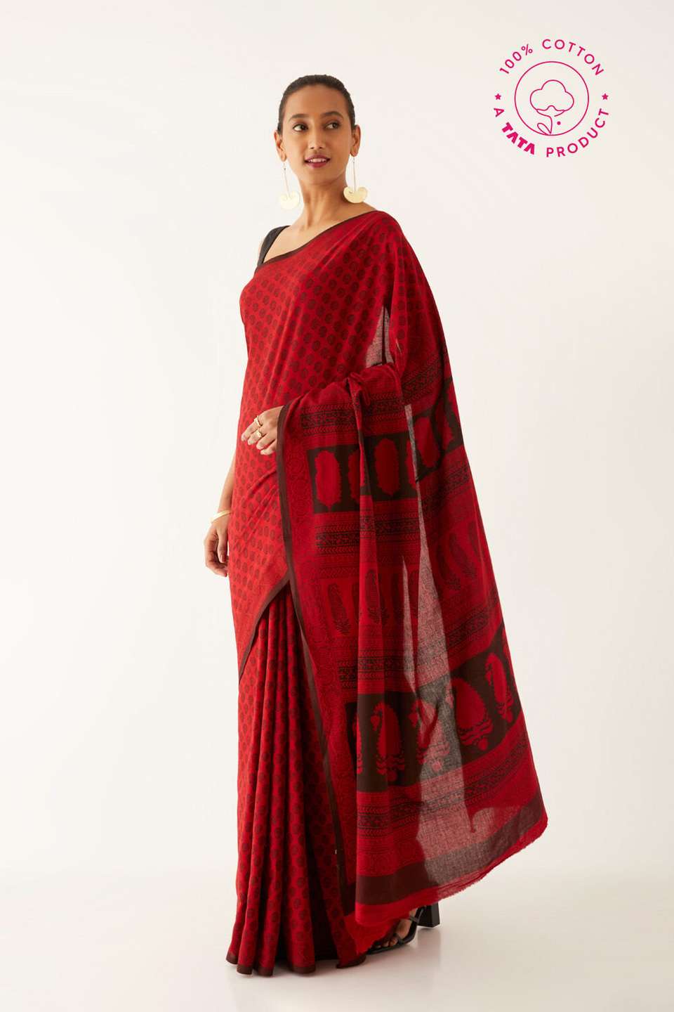 Red Pure Cotton Bagh Printed Saree