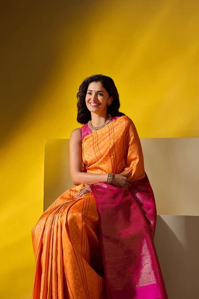 Orange Woven Pure Silk Kanjivaram Saree thumbnail image number null