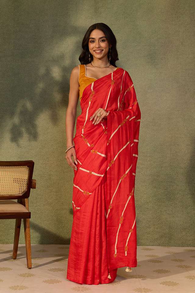 Red Pure Silk Aari Embroidery Saree thumbnail image number null