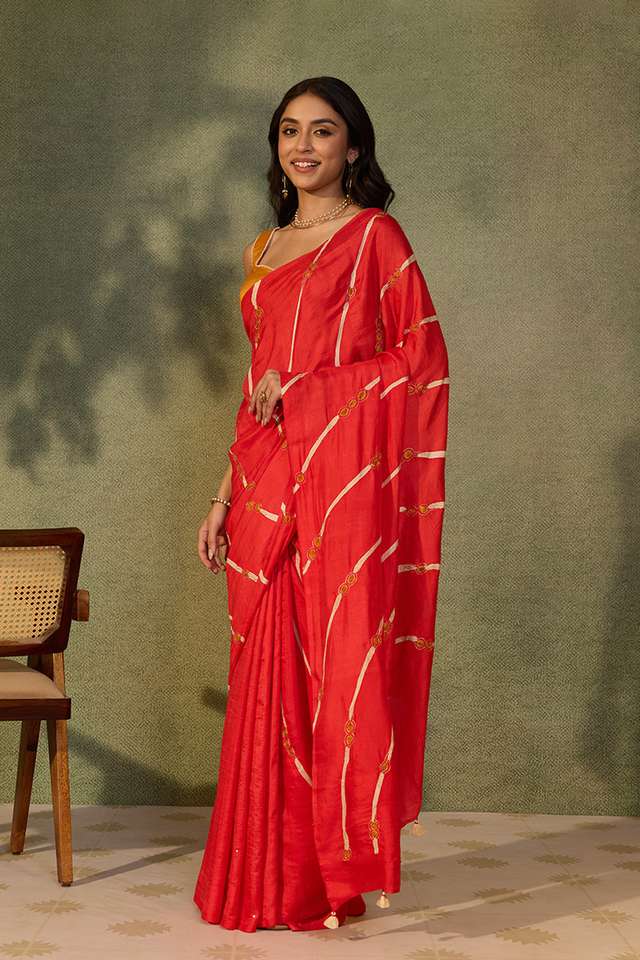 Red Pure Silk Aari Embroidery Saree thumbnail image number null
