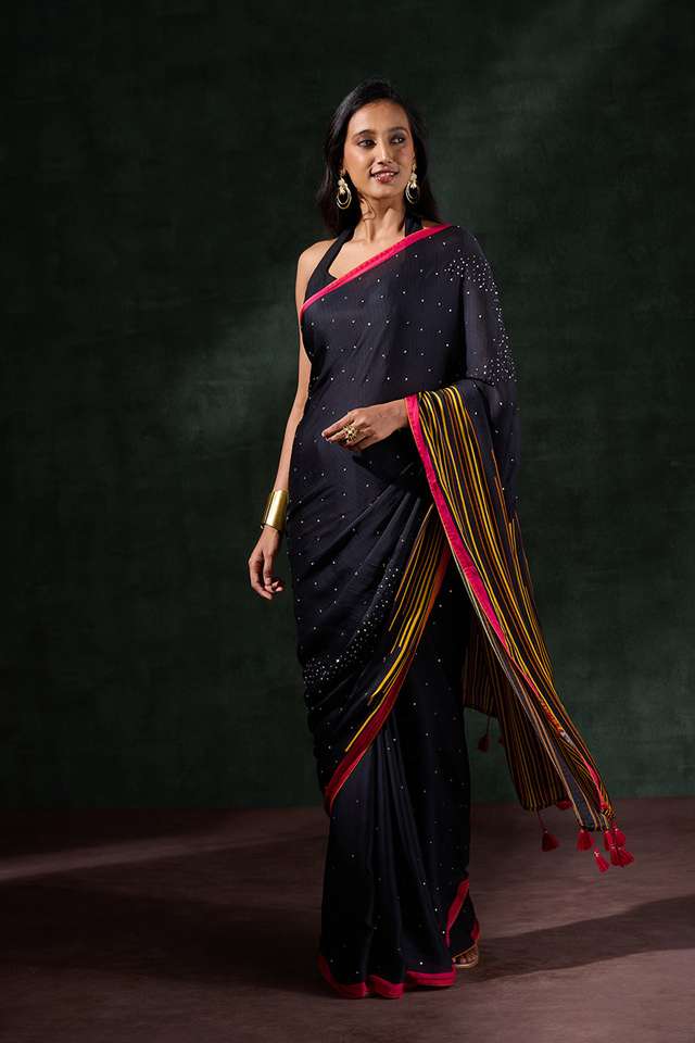 Black Printed Viscose Georgette Saree image number