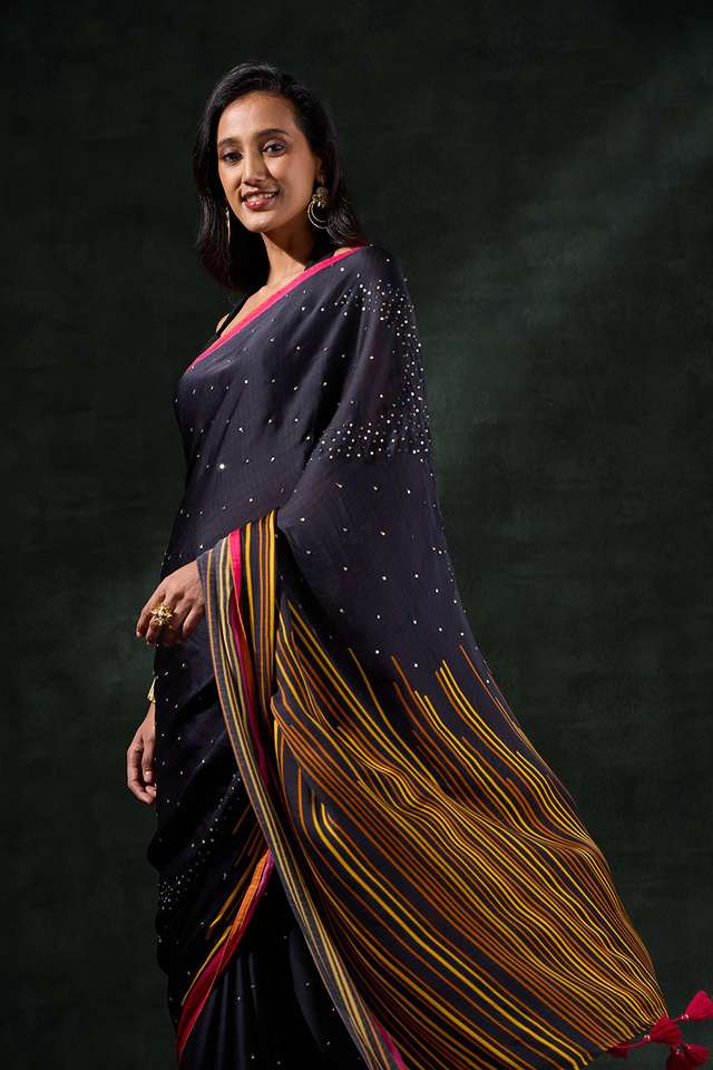 Black Printed Viscose Georgette Saree thumbnail image number null