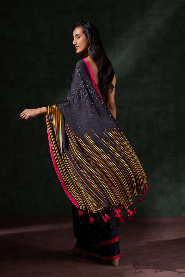 Black Printed Viscose Georgette Saree thumbnail image number null
