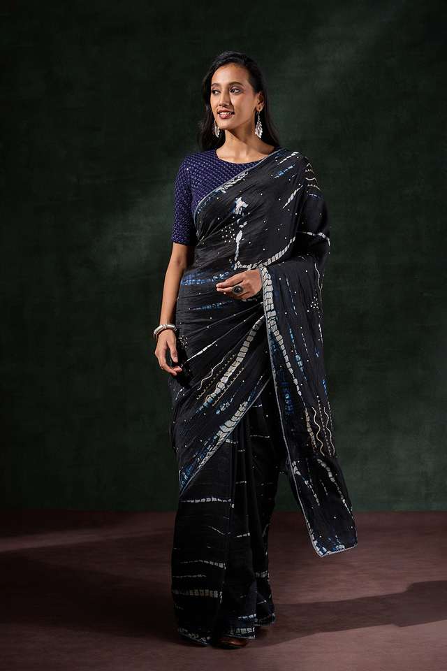 Black Murshidabad Silk Tie and Dye Shibori Saree thumbnail image number null