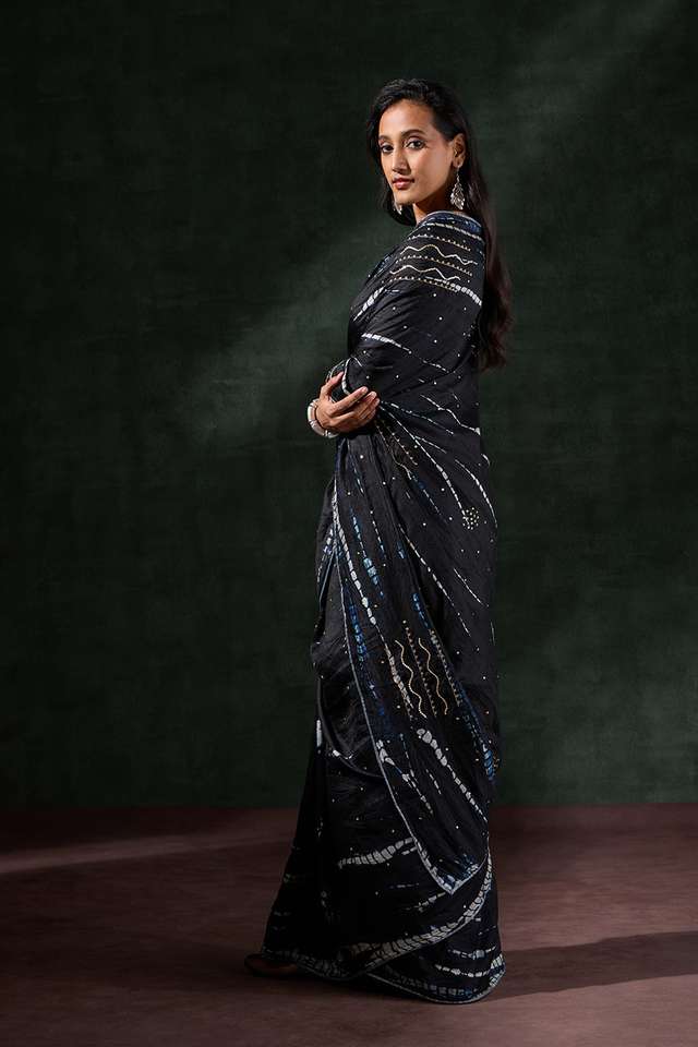 Black Murshidabad Silk Tie and Dye Shibori Saree thumbnail image number null