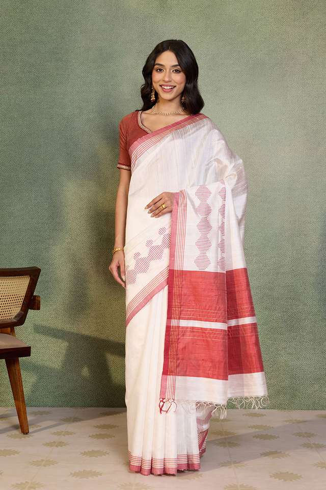 Off White Woven Pure Tussar Silk Bhagalpur Saree thumbnail image number null