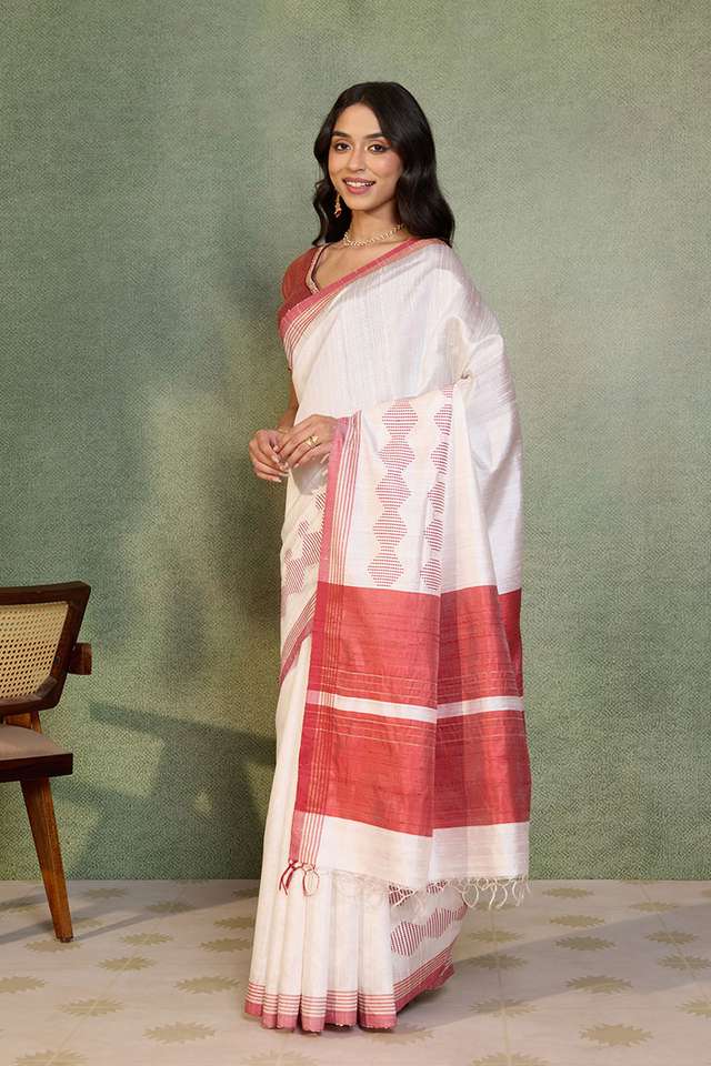 Off White Woven Pure Tussar Silk Bhagalpur Saree thumbnail image number null