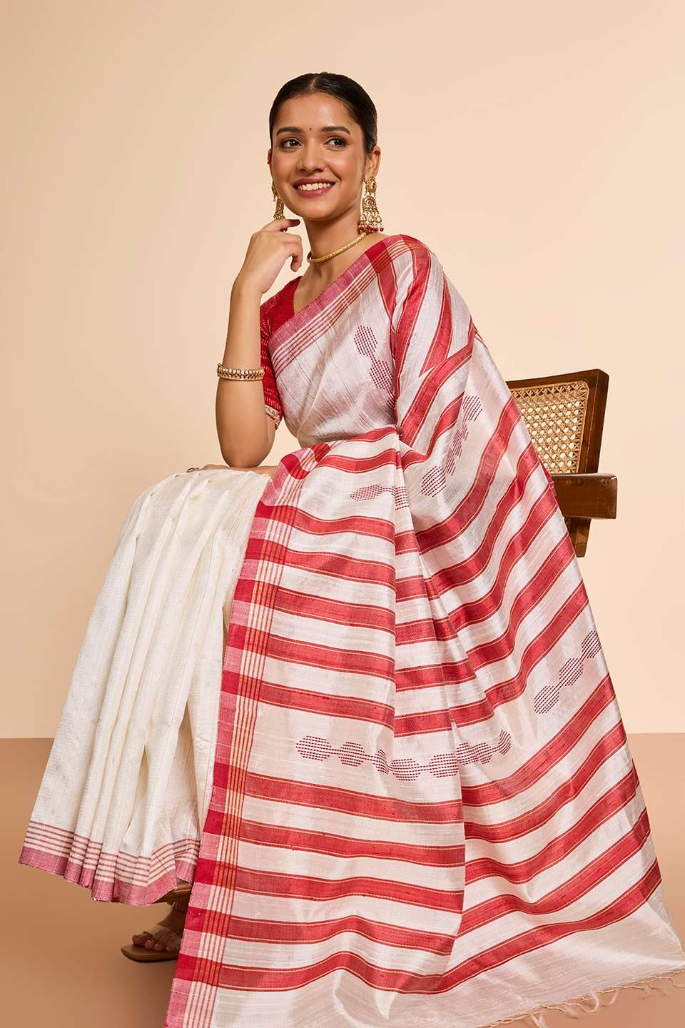 Off White Bhagalpur Woven Pure Tussar Silk Saree