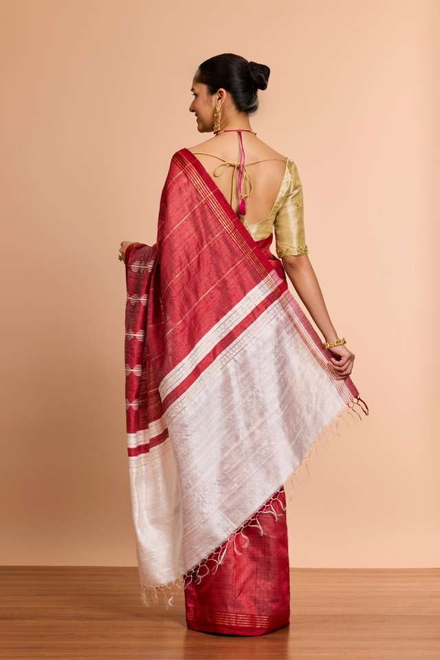 Red Bhagalpur Woven Pure Tussar Silk Saree thumbnail image number null