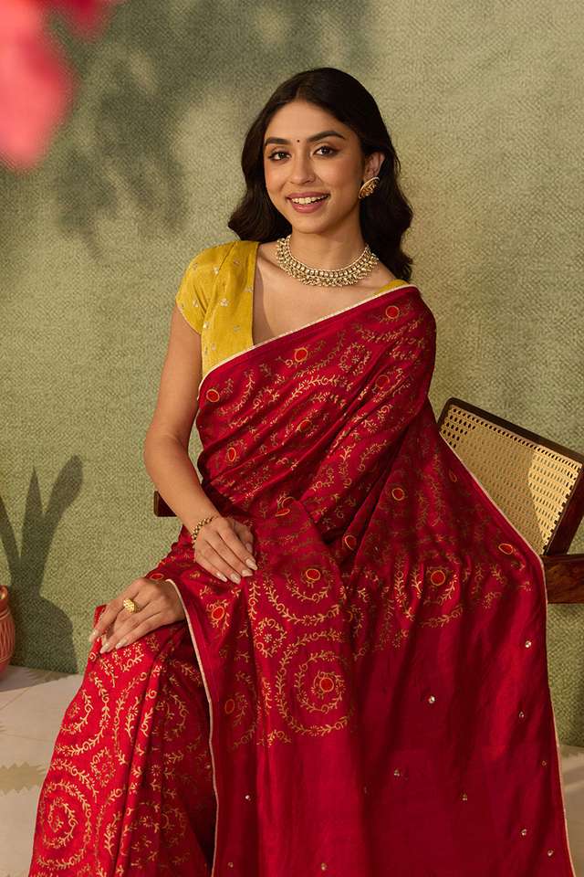 Red Murshidabad Block Printed Pure Silk Saree image number