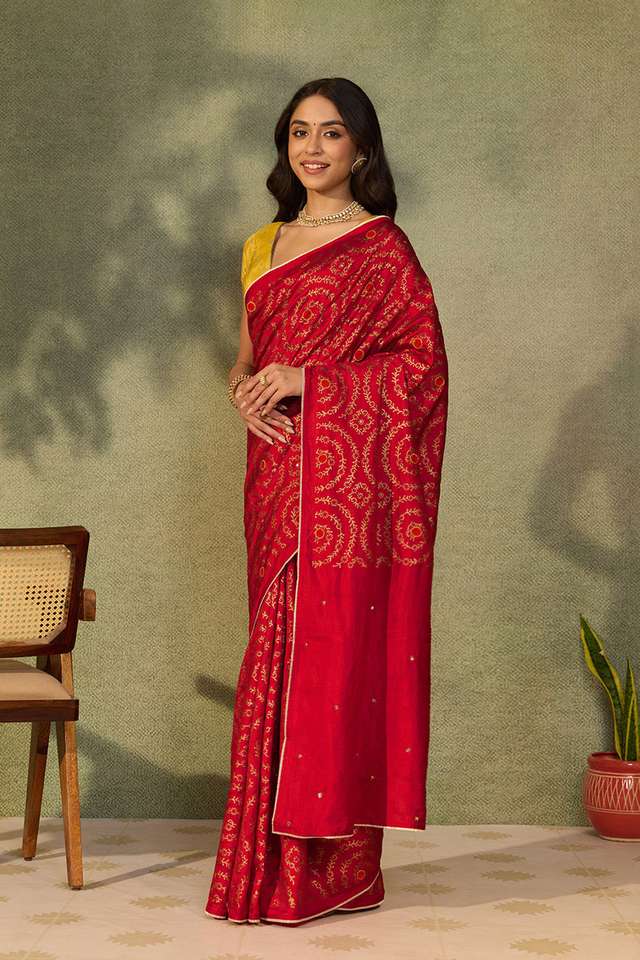 Red Murshidabad Block Printed Pure Silk Saree thumbnail image number null