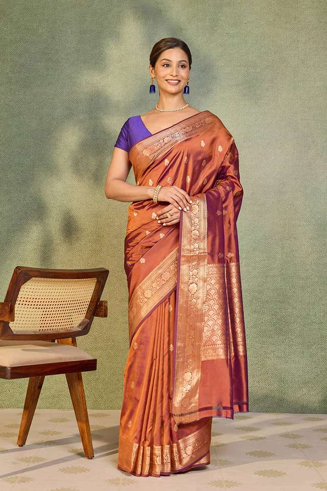 Dark Orange Silk Viscose Kadwa Banarasi Saree thumbnail image number null