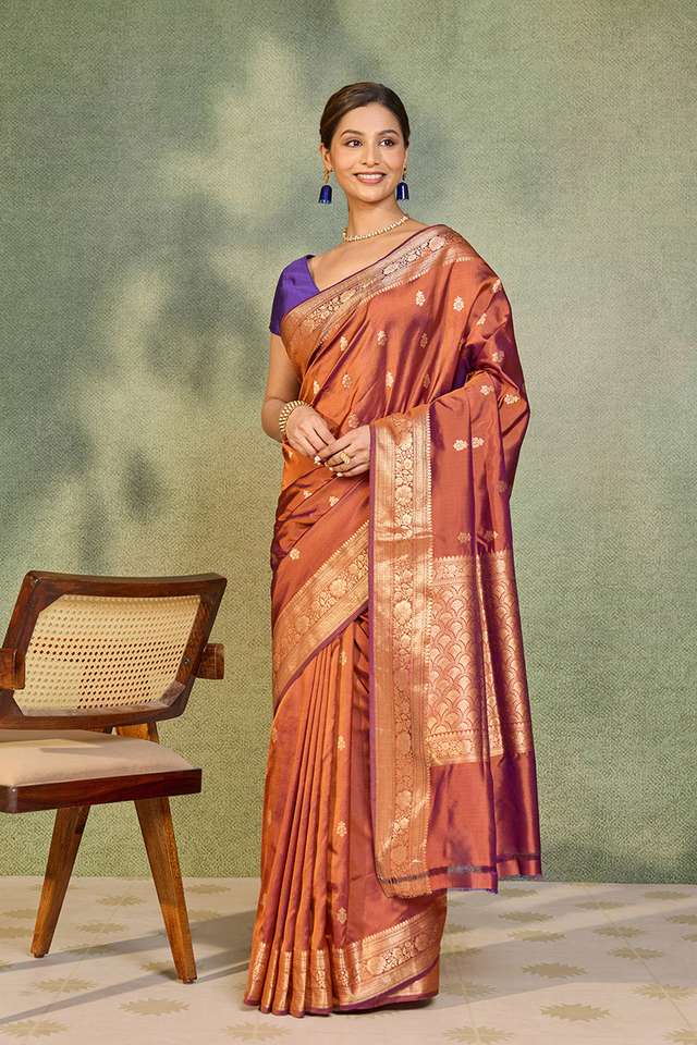 Dark Orange Silk Viscose Kadwa Banarasi Saree thumbnail image number null