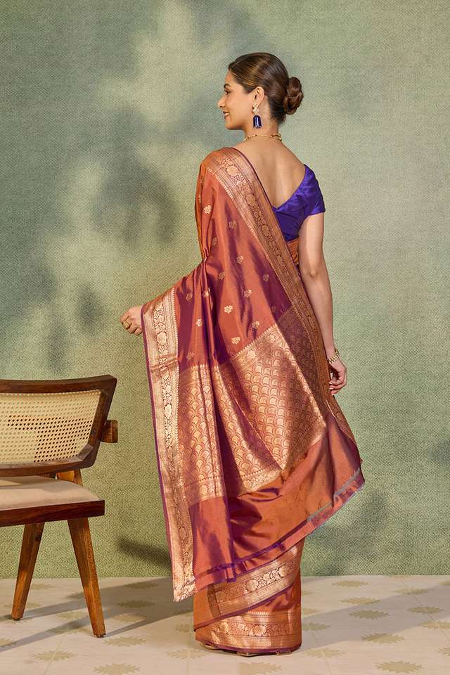 Dark Orange Silk Viscose Kadwa Banarasi Saree thumbnail image number null