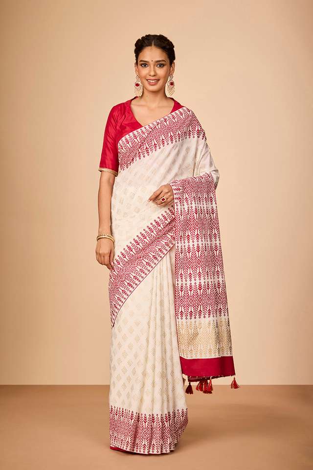 Off White Pure Cotton Printed Embroidery Saree thumbnail image number null