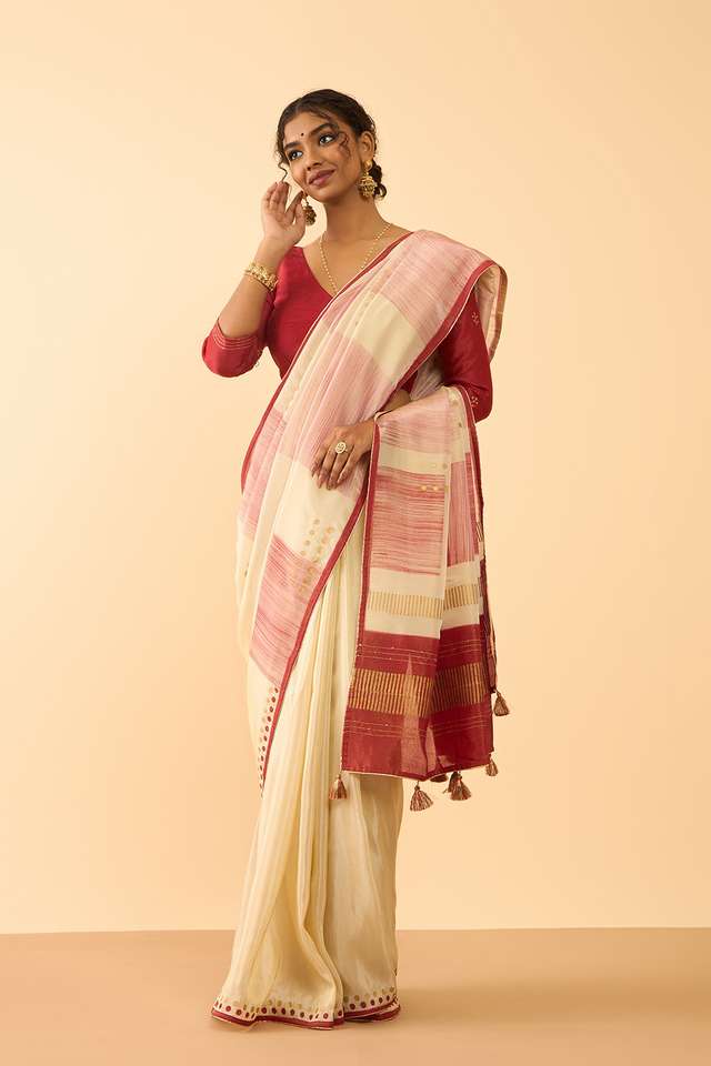 Off White Pure Tissue Organza Printed Embroidery Saree thumbnail image number null