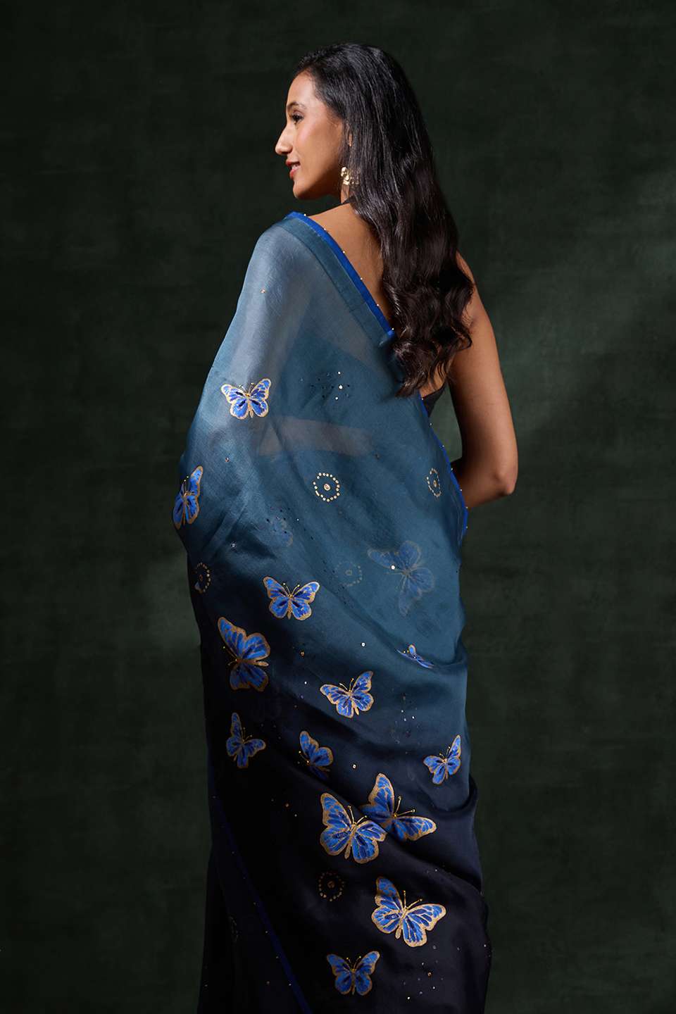 Blue Pure Silk Organza Printed Embroidered Saree