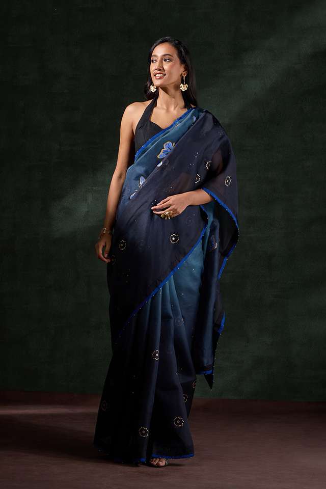 Blue Pure Silk Organza Printed Embroidered Saree thumbnail image number null