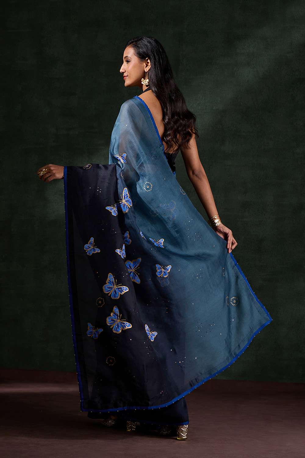 Blue Pure Silk Organza Printed Embroidered Saree image number null