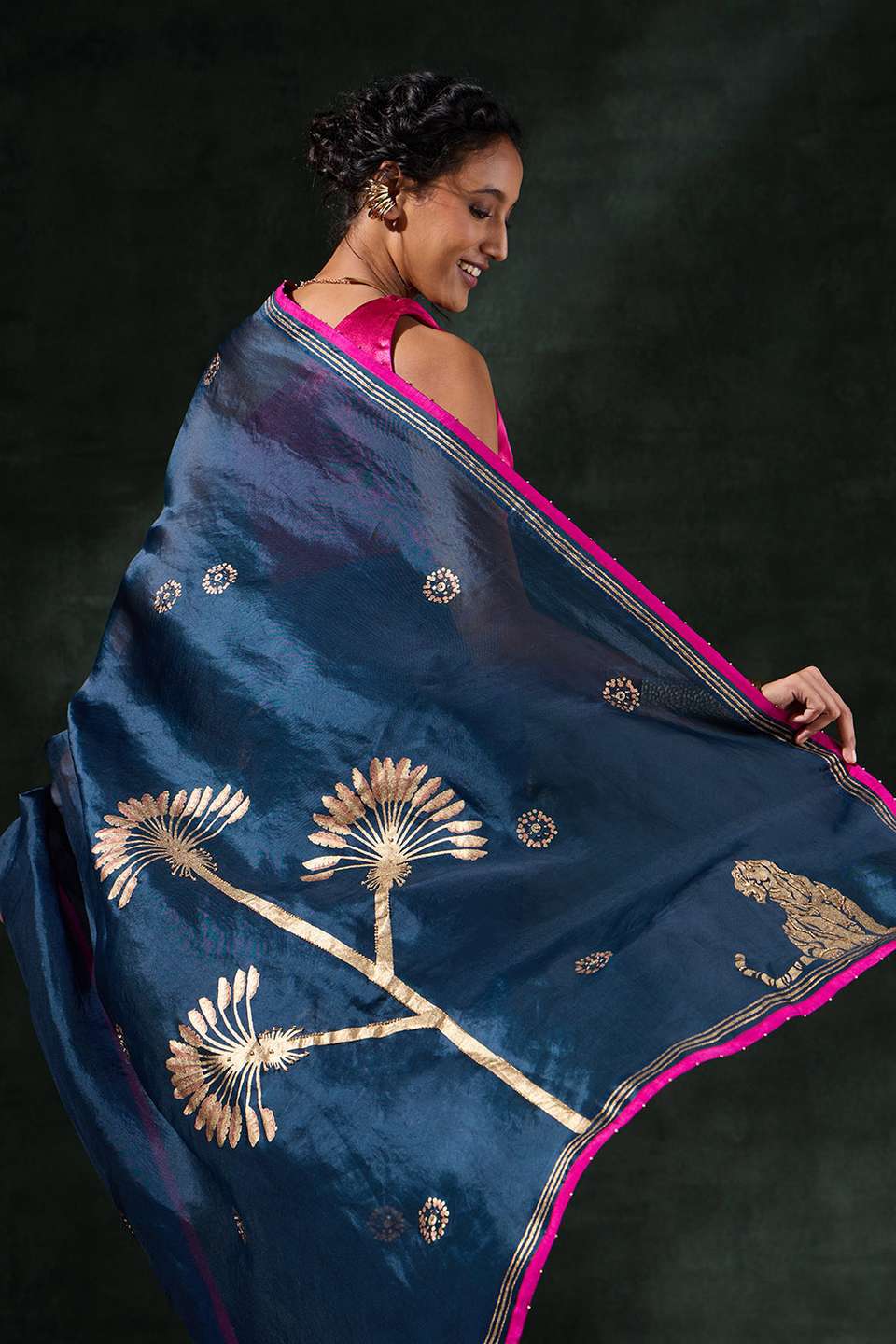 Blue Pure Organza Printed Embroidery Saree