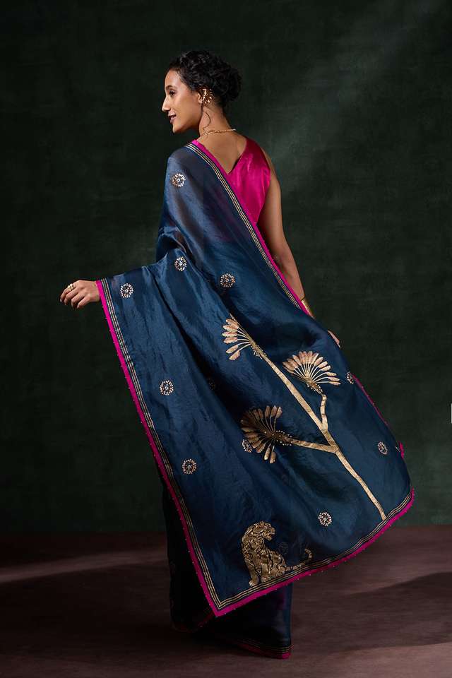 Blue Pure Organza Printed Embroidery Saree thumbnail image number null