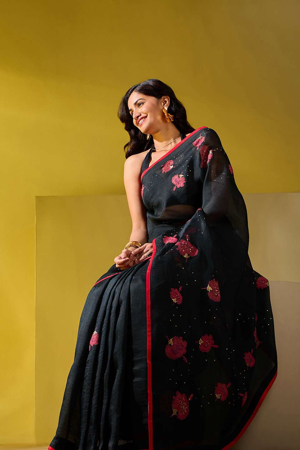 Black Pure Organza Printed Embroidery Saree