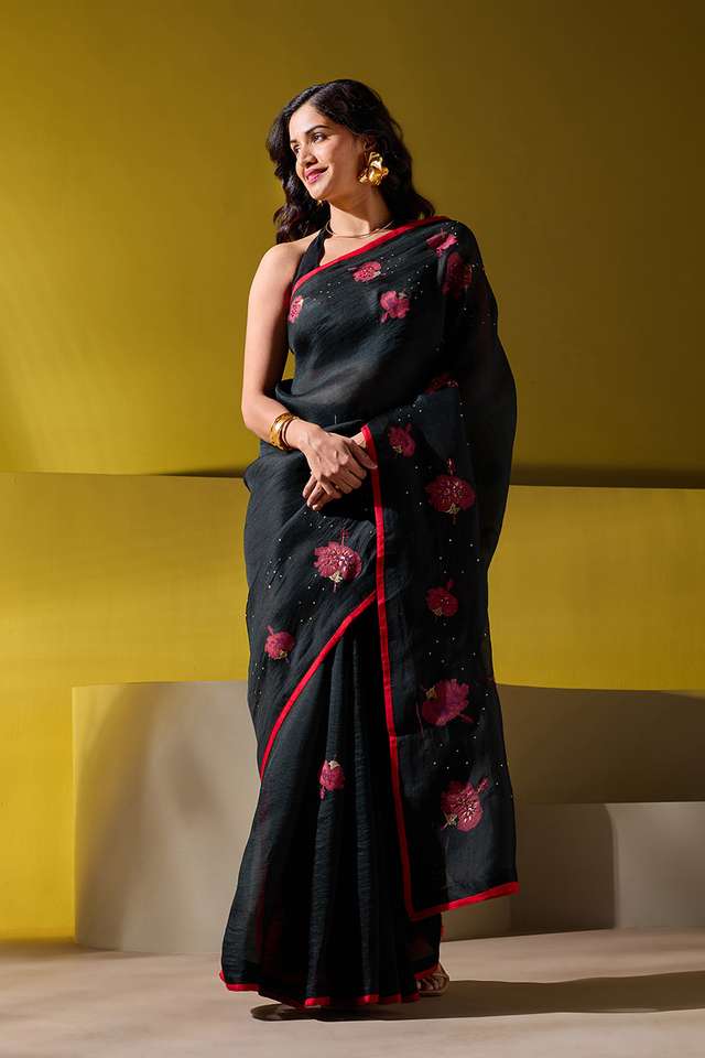 Black Pure Organza Printed Embroidery Saree thumbnail image number null