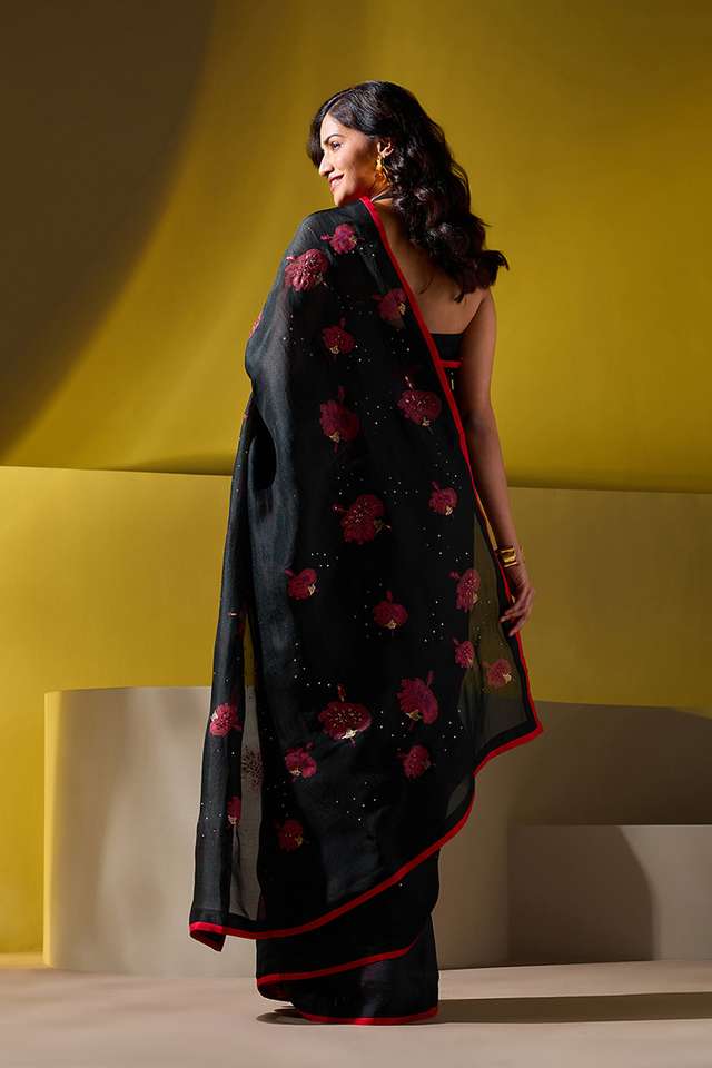 Black Pure Organza Printed Embroidery Saree thumbnail image number null