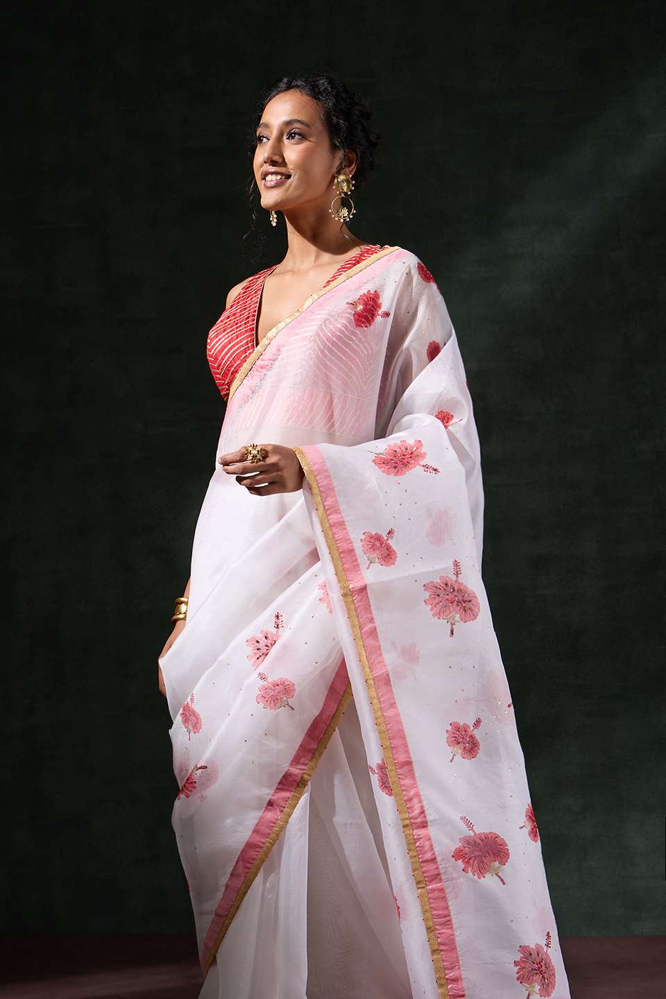 Off White Pure Organza Printed Embroidery Saree