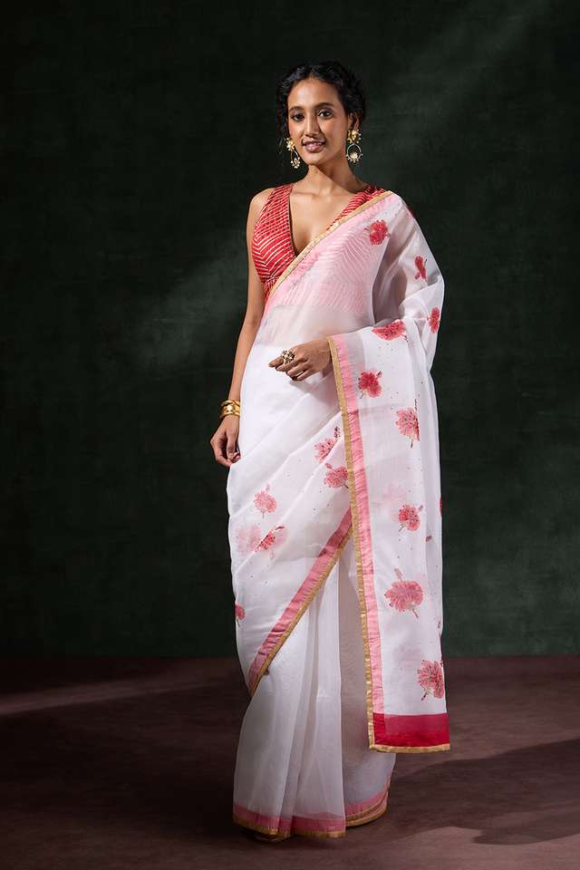 Off White Pure Organza Printed Embroidery Saree thumbnail image number null
