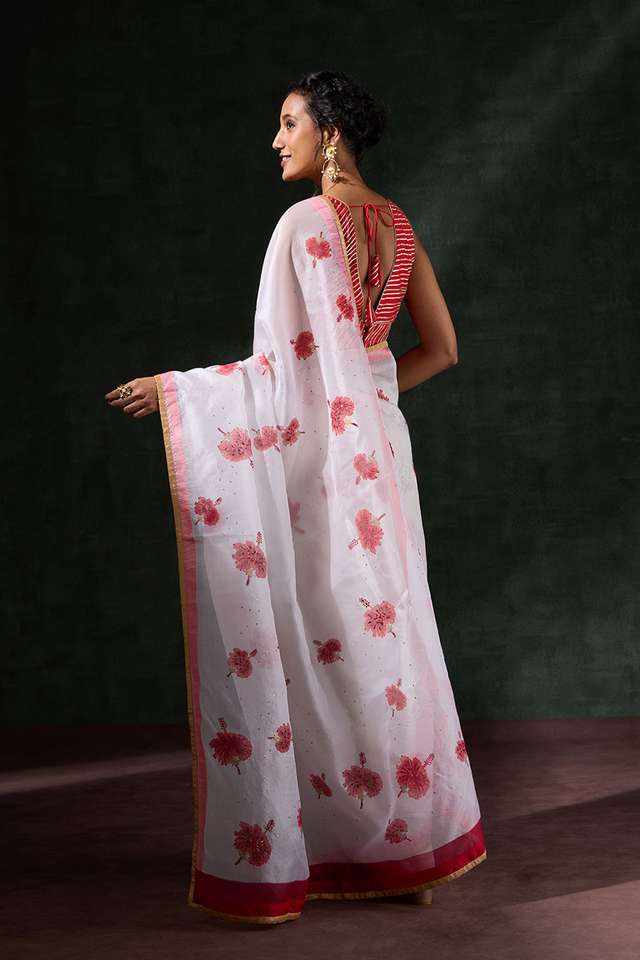Off White Pure Organza Printed Embroidery Saree thumbnail image number null