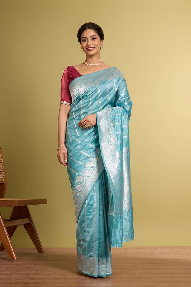 Light Blue Pure Silk Kadwa Banarasi Saree image number