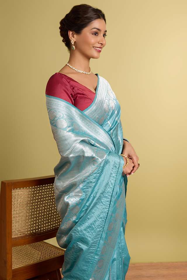 Light Blue Pure Silk Kadwa Banarasi Saree thumbnail image number null