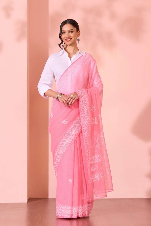 Light Pink Lucknow Pure Cotton Kota Chikankari Saree image number