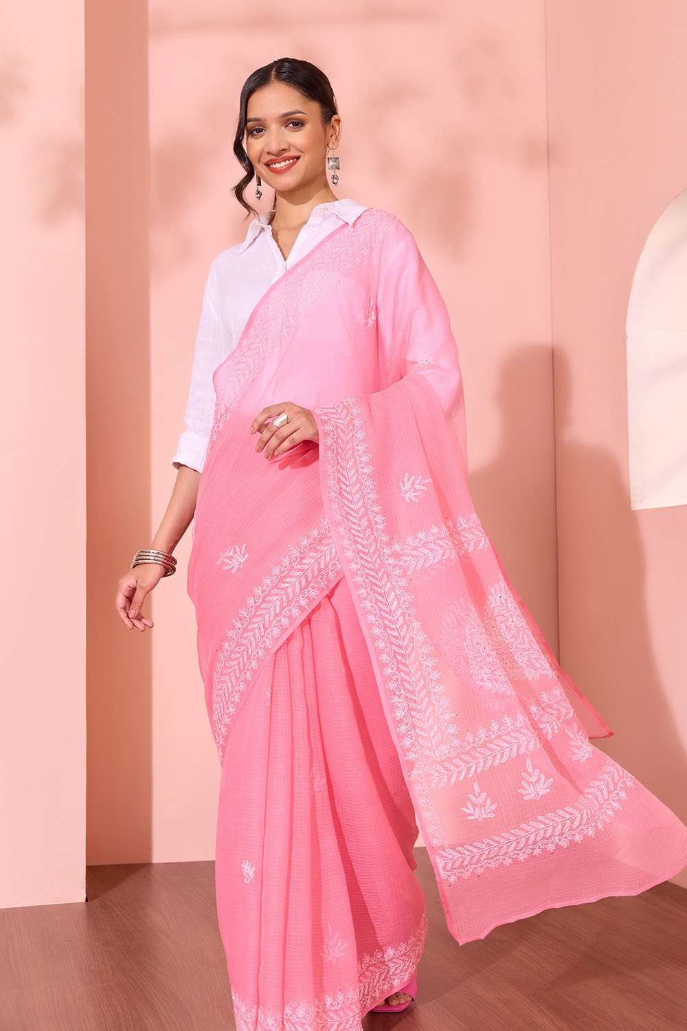 Light Pink Lucknow Pure Cotton Kota Chikankari Saree image number null