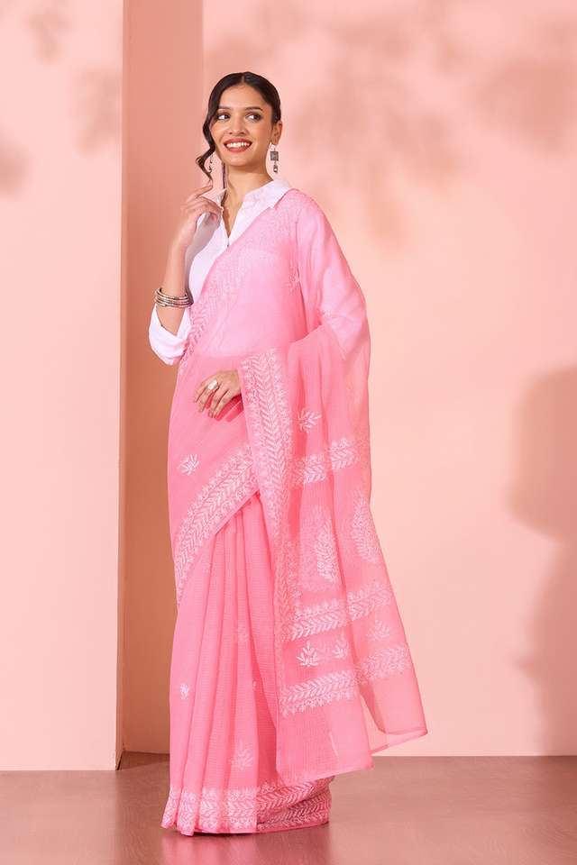 Light Pink Lucknow Pure Cotton Kota Chikankari Saree thumbnail image number null